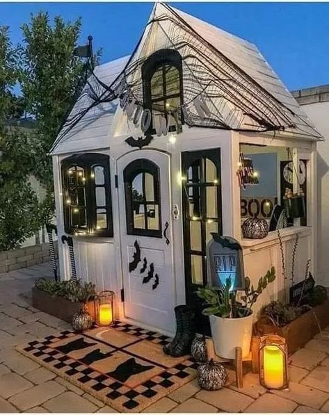 Home Sweet Hell, Playhouse Decor, Shed Decor, Spooky Home Decor, Playhouse Outdoor, She Sheds, Outside Living, Divine Design, Halloween Decorations Indoor