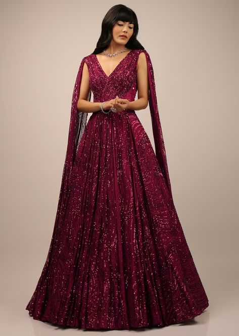 Persian Red Sequins Embellished Gown With Sheer Net On The Waist Sequin Gown Indian, Sangeet Outfit Bridal Gown, Reception Gowns Indian Bridal, Engagement Gowns Indian, Indian Wedding Reception Outfits, Engagement Gown, Reception Gowns, Engagement Gowns, Sangeet Outfit