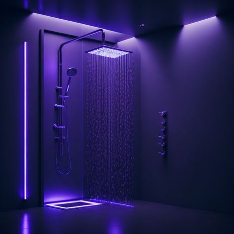 Aesthetic Bathroom Led Lights, Dungeon Room, Room Pics, Minimalist Showers, Dreamscape Architecture, Purple Lighting, Diy Room Decor Videos, Fyp Aesthetic, Luxury Room Bedroom