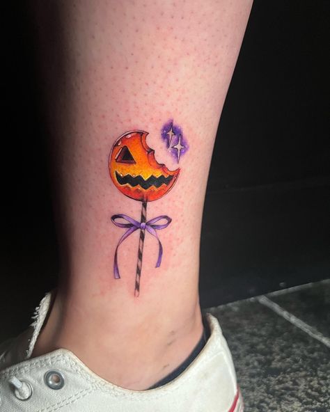 Sams Lollipop Tattoo, Halloween Candy Tattoo, Candy Corn Tattoo, Candy Tattoo, Halloween Lollipop, Candy Brands, Halloween Tattoos, Tatuaje A Color, Realism Tattoo