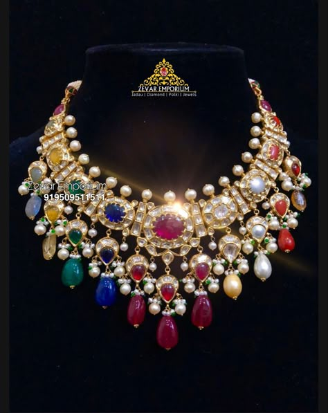 Navratan Sets In Gold, Kundan Pendent Set, Navrathan Necklace Gold, Navratan Necklace Gold, Navratan Jewellery Necklaces, Navratna Necklace Gold, Navarathan Necklace, Navaratan Necklace, Navratan Jewellery