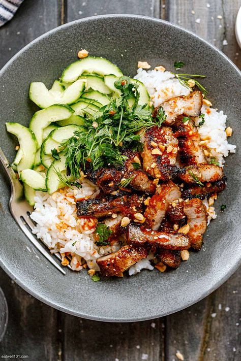 Rice Pork Bowl, Pork Bowls Asian, Meal Prep With Pork, Pork Belly Noodle Bowl, Pork Belly Pho, Pork Belly Bowls, Pork Belly Bowl Recipe, Trader Joe’s Pork Belly, Pork Belly Meals