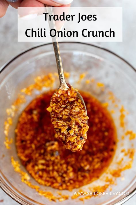 Homemade Trader Joe's chili onion crunch but better! Crunchy, flavorful, lightly spiced. The best sauce for eggs, pizza, salads, pastas, sandwiches and more. This is my top 5 condiment for the fridge. via @sailor_bailey Crunchy Chili Oil Recipe, Crunchy Onion Chili Oil, Recipes Using Trader Joes Crunchy Chili Onion, Crunchy Onion Chili Oil Trader Joes Recipes, Trader Joe Chili Onion Crunch, Crunchy Chili Onion Trader Joes, Chili Oil Crunch Recipe, Chilli Onion Crunch Trader Joes Recipes, Copycat Trader Joes Recipes