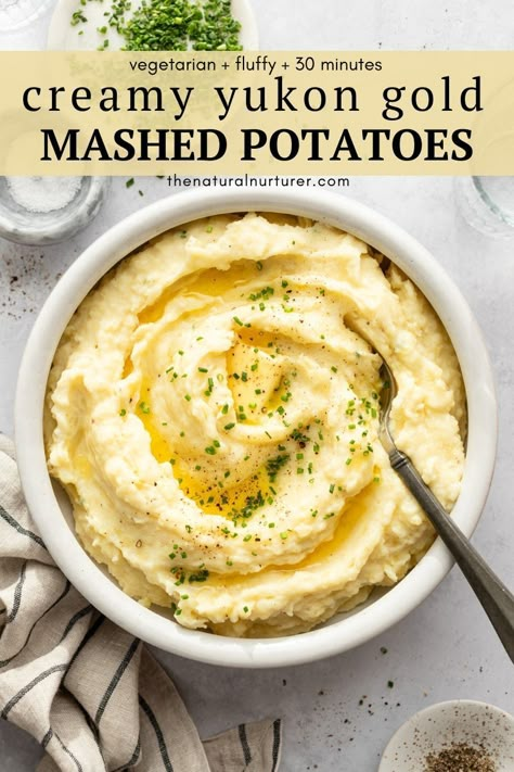 These Yukon Gold Mashed Potatoes are so, so good! They are creamy + fluffy in texture, lightened up, and have just the right amount of buttery, garlicky flavor. Done + on the table in about 30 minutes. Ultra Creamy Mashed Potatoes, Rosemary Mashed Potatoes, Yukon Gold Mashed Potatoes, Make Mashed Potatoes, Healthy Mashed Potatoes, Creamy Mashed Potatoes Recipe, Make Ahead Mashed Potatoes, Garlic Mashed Potatoes Recipe, Gordon Ramsey Recipes