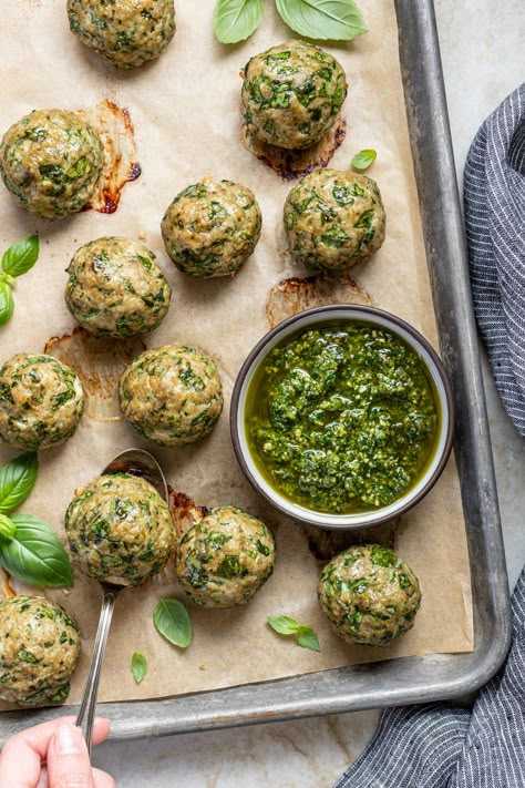 Healthy Recipe With Ground Turkey, Pesto Ground Turkey, Healthy Pesto Dinner Recipes, Macro Friendly Meatballs, Pesto Recipes Healthy, Ground Turkey Mediterranean Recipes, Spinach Meal Prep, Spinach Sides, High Protein Meatballs