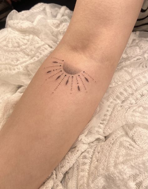 A cute sun for a shiny soul! #suntattoo #vivibtattoo #tattoouk #femininetattoo #delicatetattoo #eleganttattoo #minimalisttattoo #armtattoo #tattooedwomen #tattoosforgilrs #tattooideas #smalltattoos #cutetattoos #femaletattooartist | Done at Independent artist | Feb 19th 2023 | 1718486 Delicate Sun Tattoos For Women, Lace Sun Tattoo, Half Sun Arm Tattoo, Inner Elbow Sun Tattoo, Sun Linework Tattoo, Forearm Fine Line Tattoo Women, Fine Line Armband Tattoo, Sun Band Tattoo, Dotwork Sun Tattoo