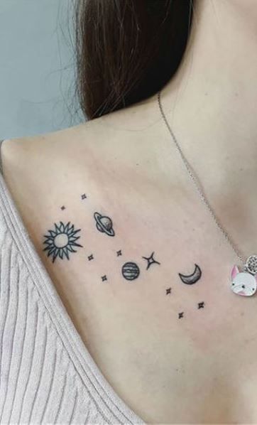 Cute Clavicle Tattoos For Women, Cloud Tattoo Collarbone, Collarbone Tattoo Simple, Simple Collar Bone Tattoos For Women, Chest Tattoo Female Middle, Celestial Collar Bone Tattoo, Cute Collarbone Tattoos For Women, Henna Designs Collar Bone, Minimalist Tattoo Collar Bone