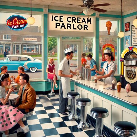 1950s Ice Cream Shop, Vintage Laundromat Aesthetic, Vintage Ice Cream Sign, Old Ice Cream Shop, Retro Laundromat, Retro Ice Cream Shop, Vintage Ice Cream Shop, American Diners, Ice Cream Pizza