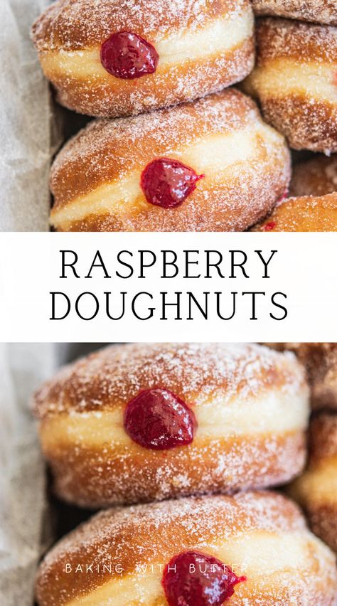 Treat yourself to the ultimate dessert with raspberry doughnuts, featuring a soft dough and sweet raspberry filling. Doughnut Filling Recipe, Homemade Raspberry Jam, Doughnut Recipe Easy, Donut Filling, Homemade Donuts Recipe, Filled Donuts, Raspberry Recipes, Dough Ingredients, Raspberry Filling