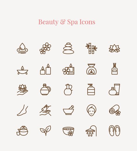 Beauty & Spa Icons Beauty Icons Design, Beauty Icon Design, Beauty Doodles, Beauty Center Logo, Spa Drawing, Spa Tattoo, Spa Logo Design, Massage Logo, Spa Branding