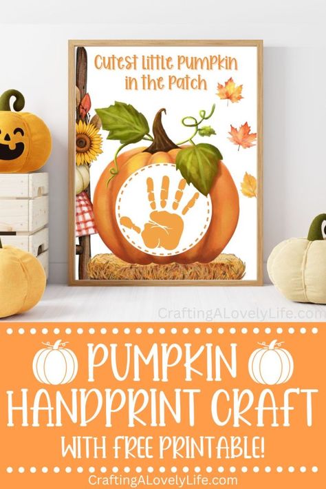 This pumpkin handprint craft with free printable is such a fun activity for kids to do this Fall! Print out as many copies as you need and frame them for a super cute keepsake! Fall Crafts | Activities for Kids | Fall Fun | Free Printable | Fall Craft for Kids | Happy Fall | Fall Craft for Kindergarten | Fall Activities for Kids | Fall Craft for Preschool Pumpkin Handprint, Fall Handprint Crafts, Baby Art Crafts, Footprint Craft, Fall Preschool Activities, Baby Art Projects, Footprint Crafts, Fall Preschool, Handprint Craft