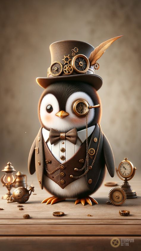 Meet the fanciest steampunk penguin! This charming image showcases a penguin dressed in elegant steampunk attire, complete with top hat, monocle, and intricate gear accessories. It's a whimsical blend of animal cuteness and Victorian steampunk sophistication, perfect for those who love unique and playful art. Steam Punk Animals, Penguin Phone Wallpaper, Steampunk Chicken, Top Hat Aesthetic, Penguin Astronaut, Steampunk Penguin, Animals Wearing Clothes, Steampunk Phone, Elegant Steampunk