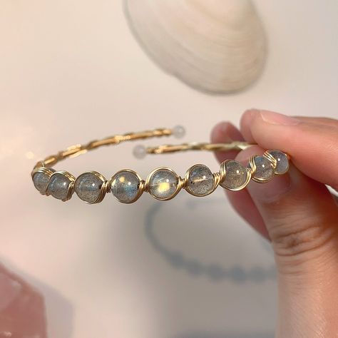 Moonstone Labradorite 14k Gold Filled Wire Wrapped Bracelet, Birthstone Adjustable Bangle Cuff. Healing Gemstone Crystal Bead, Gift for Her