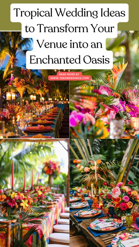 A beautiful tropical wedding setup featuring vibrant flowers, palm leaves, tiki torches, and colorful linens, creating an enchanting oasis. Tropical Wedding Ideas Inspiration, Tiki Wedding Reception, Tropical Wedding Theme Decor, Tropical Wedding Colors, Caribbean Wedding Theme, Rainforest Wedding, Tiki Wedding, Tropical Wedding Ideas, Tropical Wedding Centerpieces