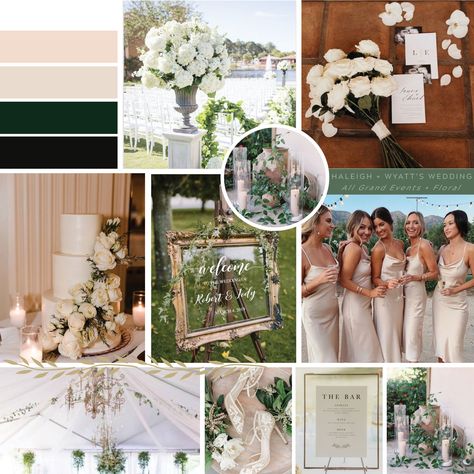 Classic Wedding Moodboard with White, Champagne, black and Gold with greenery. #weddingtheme #weddingmoodboard #weddingdesign #classicwedding #weddingcolors #blackandwhitewedding #champagnebridesmaiddresses #roses #whiteroses Champagne And Greenery Wedding Colors, Champagne Black And Greenery Wedding, Champagne Green Black Wedding, Champagne And Greenery Wedding Theme, Champagne Wedding Mood Board, Champagne And Dark Green Wedding, Champagne White And Greenery Wedding, Champagne Wedding Theme Color Schemes, Champagne Black And White Wedding