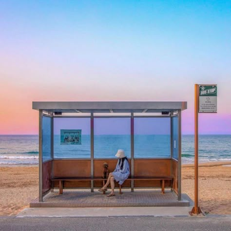 Bus Stop Design, Bus Drawing, Bus Shelters, City Sketch, Japan Street, South Korea Travel, Jeju Island, Cozy Aesthetic, Korea Travel