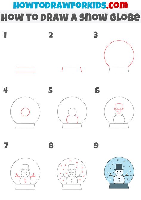 how to draw a snow globe step by step How To Draw Easy Christmas Stuff, Cute Easy Christmas Doodles, How To Draw A Snowglobe, Snow Globe Drawing Easy, How To Draw A Snow Globe, Snow Globe Doodle, How To Draw A Snowman Step By Step, Christmas Drawing For Kids Easy, Step By Step Drawing Christmas