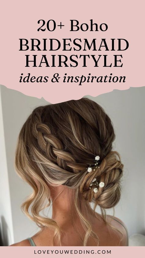 23 Best Boho Bridesmaid Hairstyles for 2024. Looking for ideal boho bridesmaid hair ideas? Click through for 23 stunning bohemian bridesmaid hairstyles for long, short, and medium length hair. Whether it's bridesmaid hair with braids, updos, half up, long hair, or flower crowns, we have the best boho wedding hairstyles for your bridesmaids! Bridesmaid Updos For Medium Hair With Braid, Wedding Bohemian Hair, Boho Braid Hairstyles Wedding, Bridesmaids Hairstyles Medium Hair, Bridesmaid Hair Fine Hair Half Up, Loose Side Bun Wedding Hair, Vow Renewal Hair, Bridesmaid Hairstyles Fall Wedding, Bride And Bridesmaid Hairstyles