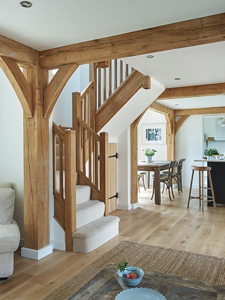 Cottage Staircase, Border Oak, Living Room Floor Plans, Oak Frame House, Timber Staircase, Oak Stairs, Barn Interior, Casa Country, Floor Plan Layout