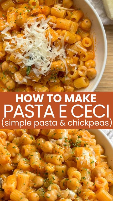 Pasta e Ceci (Pasta with Chickpeas) Recipe Pasta And Ceci, Chickpeas With Pasta, Pasta Meals Vegetarian, Chickpea Supper Recipes, Quick Easy Vegetarian Lunch, Pasta E Cece, Easy Vegetarian Chickpea Recipes, Easy College Meals Vegetarian, Pasta E Ceci Soup