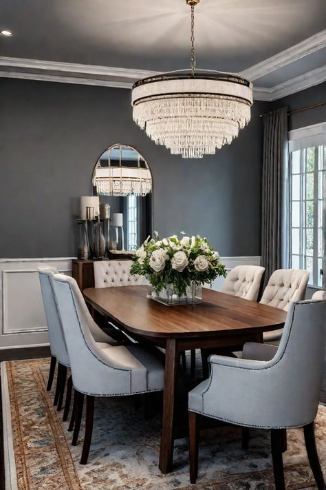 Timeless dining room design with neutral colors and pops of color Dark Grey Wall Dining Room, Modern Gray Dining Room, Dining Room Table Runner Ideas, Ottawa House, Dark Grey Dining Room, Living Room Open Concept, Formal Dining Room Decor, Timeless Dining Room, Dining Room Wall Color