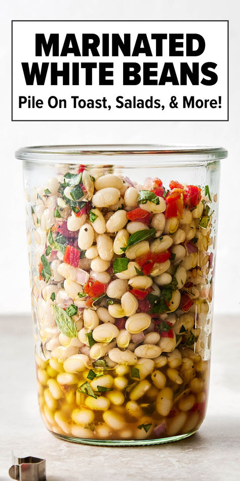 Italian marinated white beans Bean Recipes Mediterranean, Vegetable Bean Salad, What To Make With White Beans, Italian Marinated White Beans, Arugula Bean Salad, Recipes With White Beans Healthy, Bean Ideas For Dinner, Yummy Veggie Sides, Recipe With White Beans