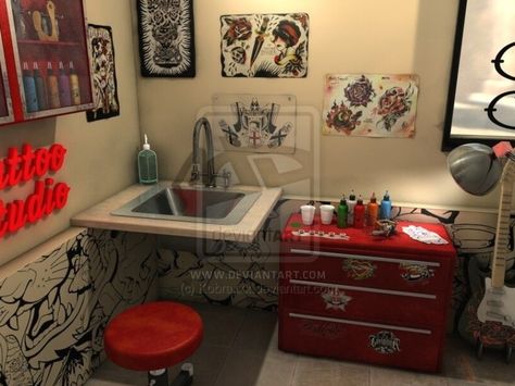 Tattoo Shop Interior, Tattoo Shop Decor, Tattoo Studio Interior, Tattoo Studio Design, Small Home Studio, Deco Studio, American Tattoos, Diy Tattoo, Home Tattoo