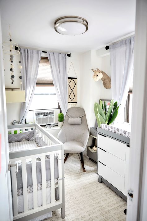 Project Nursery - Small Space Nursery Gray and White Nursery In A Small Space, Small Grey Nursery Ideas, Very Small Nursery Ideas, Baby Small Room Ideas, Baby Nursery Grey, Small Baby Rooms, Small Space Baby Nursery, Mini Nursery Small Spaces, Small Nursery Room