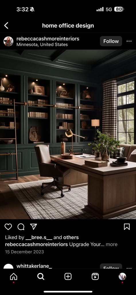 Dark Academia Media Room, Vintage Men’s Study, Dark Academia Aesthetic Office, Dark Academia Office Aesthetic, Old Office Aesthetic, Dark Green Office Ideas, Modern Victorian Office, Dark Green Study, Green Study Room