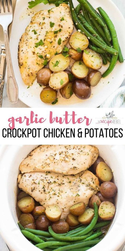 Slow Cooker Garlic Butter Chicken, Chicken Potatoes And Green Beans, Garlic Butter Chicken And Potatoes, Butter Chicken And Potatoes, Crockpot Potatoes, Crockpot Chicken And Potatoes, Chicken Breast Slow Cooker, Potatoes Chicken, Chicken Breast Crockpot Recipes