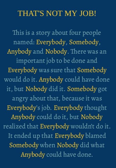 That is not my job. Everybody, somebody, anybody, nobody. It’s Not My Job Quote, Everybody Somebody Nobody Quote, Somebody Nobody Anybody Quote, I Like My Job Quotes, Somebody Anybody Nobody Everybody Quote, Motivation For Employees Quotes, That’s Not My Job Quote, Thats Not My Job Quotes, Best Employees Quotes