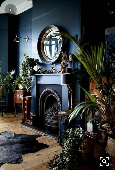 Minimalistic Interior, Lots Of Plants, Dark Living Rooms, Dark Home, Dark Walls, Dark Interiors, Blue Living Room, Blue Rooms, Decor Trends