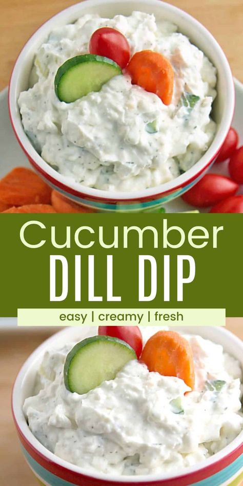 Every party needs a delicious dip, and this creamy Cucumber Dill Dip is always a hit as an easy appetizer or snack. It’s light, bright, and fresh, with just the right amount of richness from a blend of Greek yogurt and cream cheese. You’ll love scooping it up with everything from veggies to pita! | dip with cucumber | cucumber dip with cream cheese | cucumber dip with greek yogurt | veggie dip with dill | veggie dip with greek yogurt | creamy cucumber dill dip | homemade cucumber dip | party dip Cucumber Dill Dip Recipe, Cucumber Spread With Cream Cheese, Pita Dip, Cucumber Dill Dip, Cucumber Yogurt Dip, Greek Yogurt Veggie Dip, Dill Dip Recipe, Cucumber Dip Recipe, Yogurt Dips