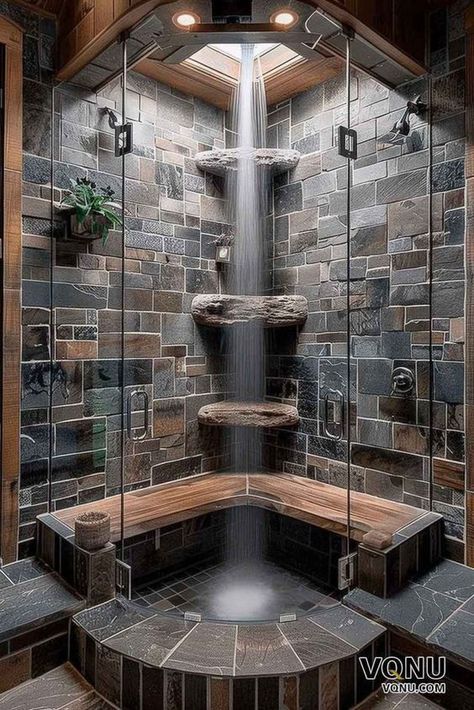 Rock Waterfall Shower Master Bath, Walkin Shower With Bathtub, River Rock Shower Ideas, Waterfall Shower Bathroom, Garage Sauna, Rock Shower Ideas, Stone Bathroom Ideas, Stone Shower Ideas, Basement Spa