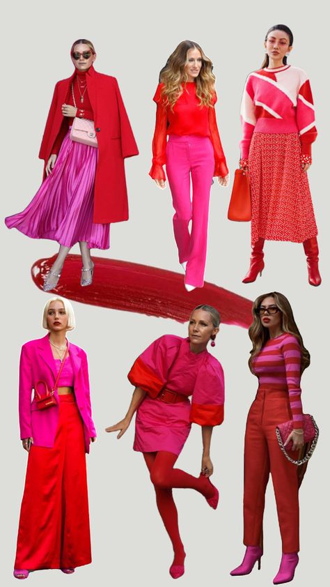 Pink and red outfit inspiration #pink #red #outfitinspiration Magenta Pink Outfit Ideas, Pink Red Dress Outfit, Pink Red Clothes, Pink And Red Work Outfit, Fushia And Red Outfit, Pink And Red Dress Outfit, Pink And Red Winter Outfit, Hot Pink And Red Outfit, Pink And Red Christmas Outfit