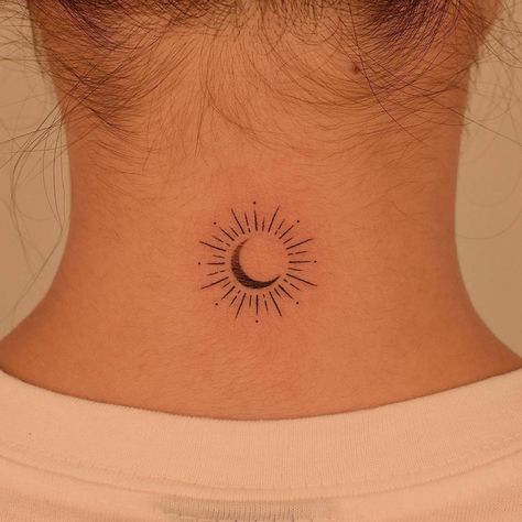 Sun And Lightning Tattoo, Moon Inside Sun Tattoo, Moon Sun Stars Tattoo, Minimal Tattoo Aesthetic, Little Sun Tattoo, Sonne Mond Tattoo, Shoulder Tattoo Women, Community Tattoo, Ornament Tattoo