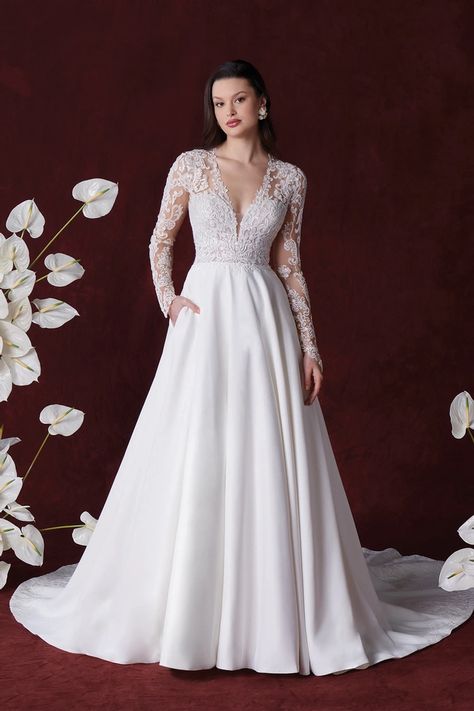 Justin Alexander Style #88352SL. Lace Ballgown Wedding Dress, Justin Alexander Bridal, Justin Alexander Wedding Dress, Ballgown Wedding Dress, Girls Bridesmaid Dresses, Long Sleeve Ball Gowns, Satin Ball Gown, Ballgown Wedding, Long Sleeve Wedding Dress