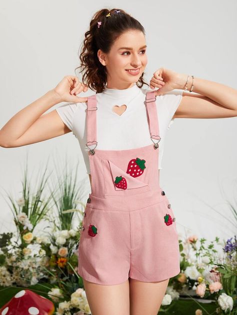 SHEIN MOD Strawberry Patched Crisscross Back Overall Romper | SHEIN USA Short Overalls Outfit, Strawberry Clothing, Strawberry Romper, Strawberry Outfit, Pink Overalls, Overall Romper, Cute Overalls, Strawberry Dress, Sweet Fruit