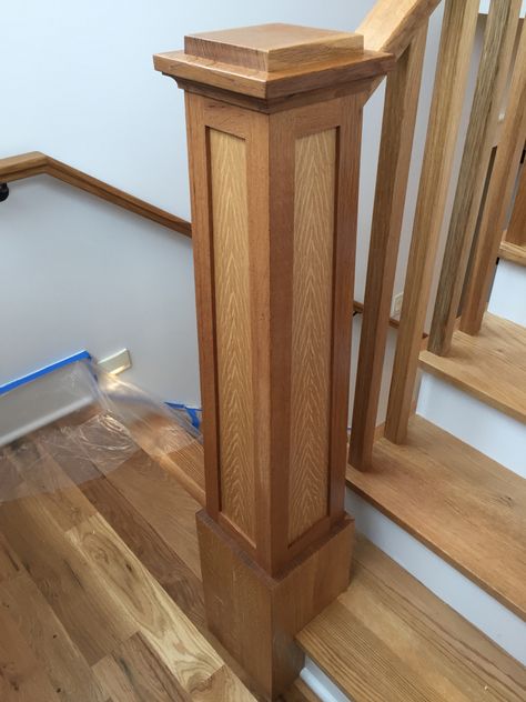 Quarter and rift sawn white oak newel posts Square Newel Post, Rift Sawn White Oak, Oak Newel Post, Remodel Stairs, Wooden Staircase Design, Gallery House, Wooden Staircase, Handrail Design, Stair Railings