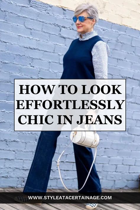 Who says jeans can't be classy and elegant? Unlock your fashion potential with our expert tips on styling chic outfits for women over 50. Embrace the versatility of denim and learn how to create effortless yet sophisticated looks that will make heads turn. Get started today! Denim Outfits For Women Chic Classy, Jeans Lunch Outfit, Classy Jean Outfits For Women Chic, Classic Jeans Outfit Classy, Denim Straight Leg Jeans Outfit, Trouser Jeans Outfit Fall, Dressy Jeans Outfit Fall, Classy Jeans Outfits For Women, Classy Denim Outfits For Women