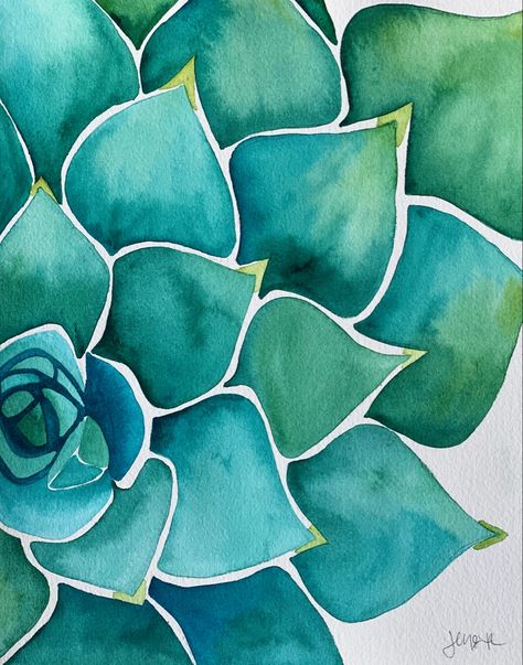 Easy Watercolor Plants, Watercolor Succulent Paintings, Bathroom Watercolor Art, Succulent Sketches, Succulent Drawing Sketches, Cute Succulent Drawing, Watercolor Art Cactus, Watercolour Succulents, Succulent Art Drawing