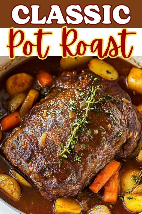 This classic pot roast is a guaranteed crowd-pleaser! Cooked low and slow in a Dutch oven, it's served with veggies, potatoes, and a delicious gravy. Cooking For My Soul Dutch Oven Pot Roast, Best Roast For Pot Roast, Moist Pot Roast In Oven, Pot Roast Dutch Oven Recipes Easy, How To Cook Roast Beef In Oven, Beef Pot Roast Dutch Oven, Roast In Oven Recipe How To Cook, Stove Top Pot Roast Recipes, Pot Roast In Dutch Oven Recipes