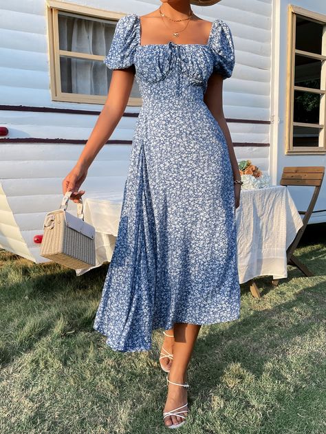 Blue Ditsy Floral Dress, Floral Picnic Dress, Spring Dress With Sleeves, Blue Midi Summer Dress, Cute Floral Dresses Summer, Shein Summer Dress, Long Floral Dress Outfit, Blue Western Dress, Blue Picnic Dress