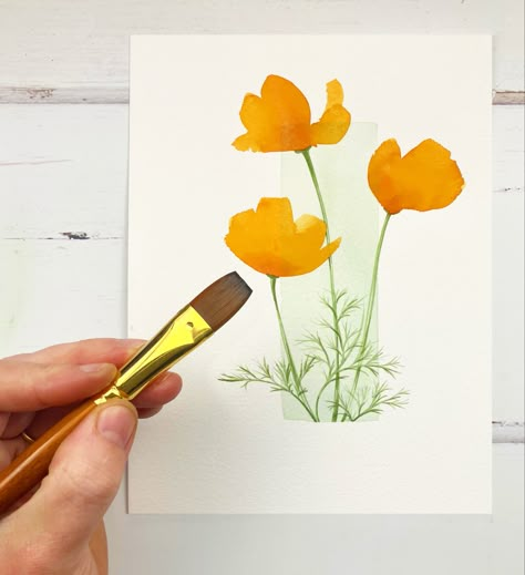 California Poppies Watercolor, Watercolor California Poppy, Poppies Watercolor Painting, Poppy Watercolor Tutorial, Watercolor Poppies Tutorial, Desert Art Projects, Poppies California, Watercolour Poppies, California Poppy Painting