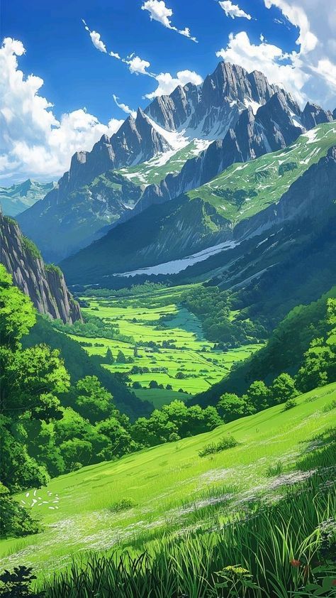 Environment Pictures Nature, Anime Mountain Background, Green Mountain Wallpaper, Anime Nature Wallpaper, Phone Wallpaper Nature, Background Screen, Android Wallpaper Art, Galaxy Images, Mystical Places