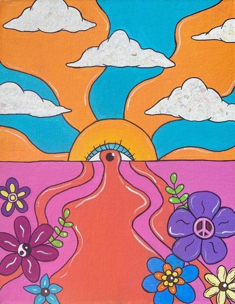 Good Vibes Canvas Painting, Happy Painting Ideas On Canvas, Funky Art Painting Inspiration, Phycadelic Painting, Retro Aesthetic Painting Ideas, Sun Painting Hippie, 70s Painting Ideas, Funky Painting Ideas, Hippie Painting Ideas Easy Canvas