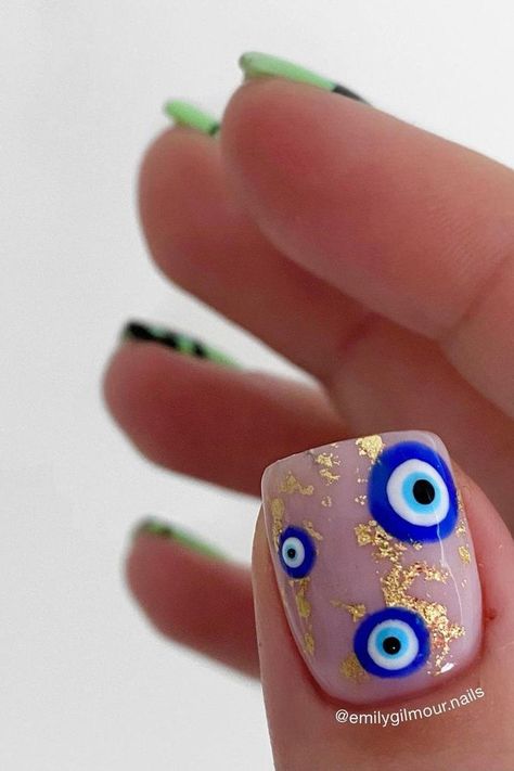 35 Enchanting Evil Eye Nails for a Mysterious and Trendy Manicure Nail With Eye Design, Evil Eye Nail Designs For Short Nails, Evil Nails Designs, Hamsa Nails Evil Eye, Evil Eye Short Nail Designs, Seeing Eye Nails, Lucky Eye Nails, Nail Eye Design, All Seeing Eye Nails