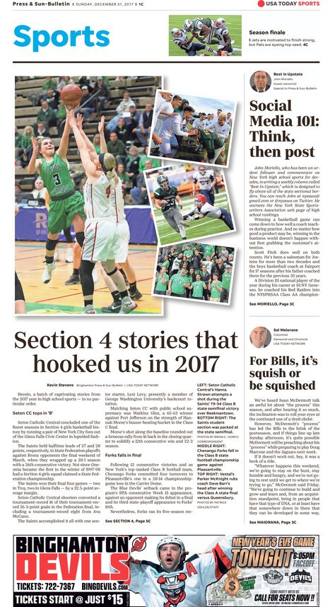 Binghamton (NY) Press and Sun-Bulletin sports cover reflecting on the best high school sports moments from 2017. Designed by Em Poertner Sports Page Layout Newspaper, School Paper Layout, School Newspaper Aesthetic, English Newspaper Articles, Sports Magazine Design, Instagram Baddie Profile Picture, Newspaper Design Inspiration, News Layout, Sports Newspaper