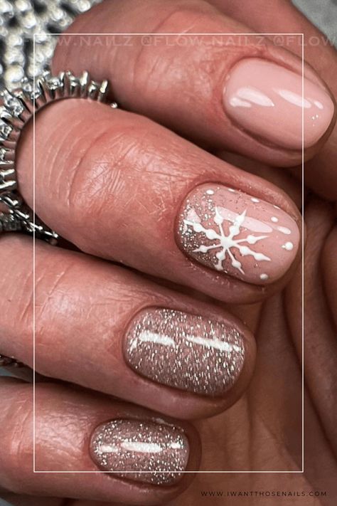 Snowflake Nails Snowflake Nail Art Easy, Snowflake Manicure Ideas, Neutral Holiday Nail Designs, Short Snowflake Nails Simple, Blue Xmas Nails Short, Short Nail Colors Winter, Pink Christmas Nails Rose Gold, Holiday Gel Nails Winter Short, Snowflake Gel Nail Designs