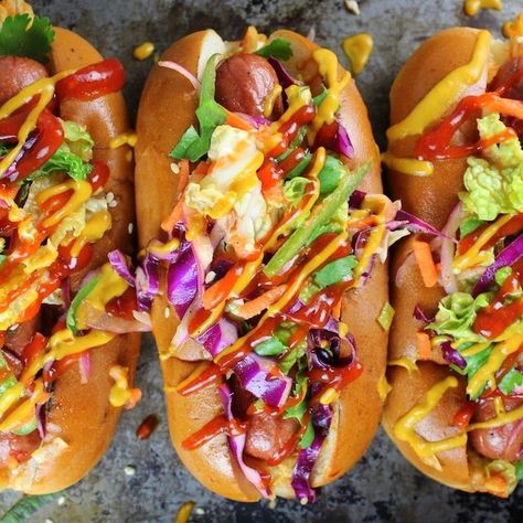 Gourmet Hot Dog Recipes: Korean Slaw Hot Dog Korean Slaw, Hot Dog Bar Toppings, Tangy Slaw, Slaw Dog, Ground Beef Breakfast, Spicy Kimchi, Vegan Hot Dog, Hot Dogs Recipes, Gourmet Hot Dogs